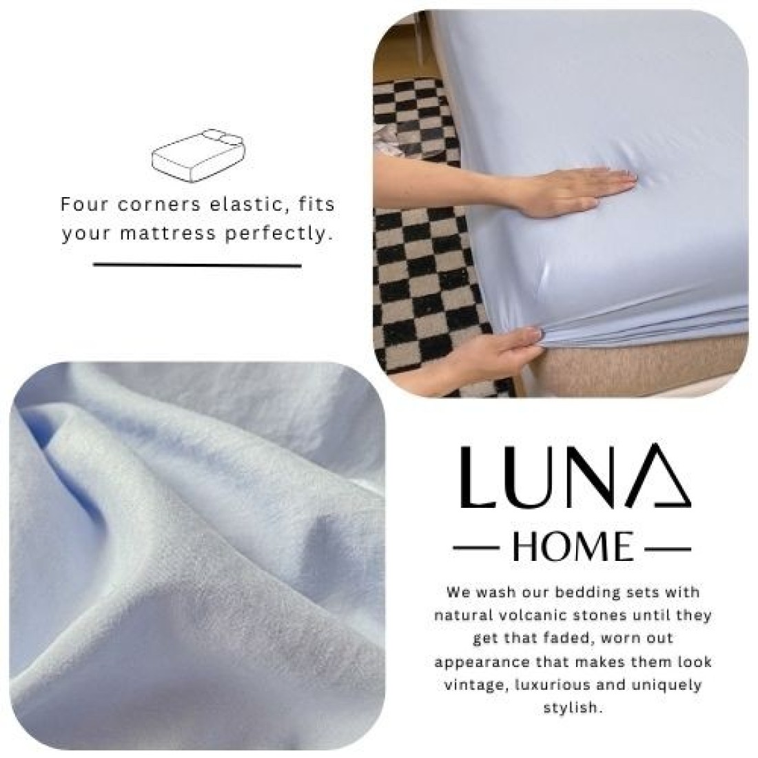 LUNAHOME-3 Pieces Fitted Bedsheet Set, Washable Cotton, Light Blue Color, Queen Size.