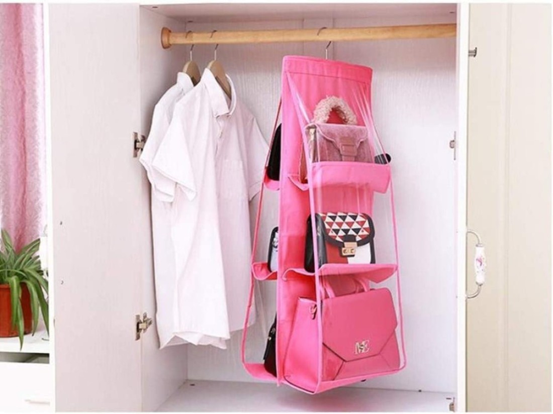 Blooming Time 6 Pockets Hanging Purse Handbag Organizer Clear Hanging Shelf Bag Collection Storage Holder Purse Bag Wardrobe Closet