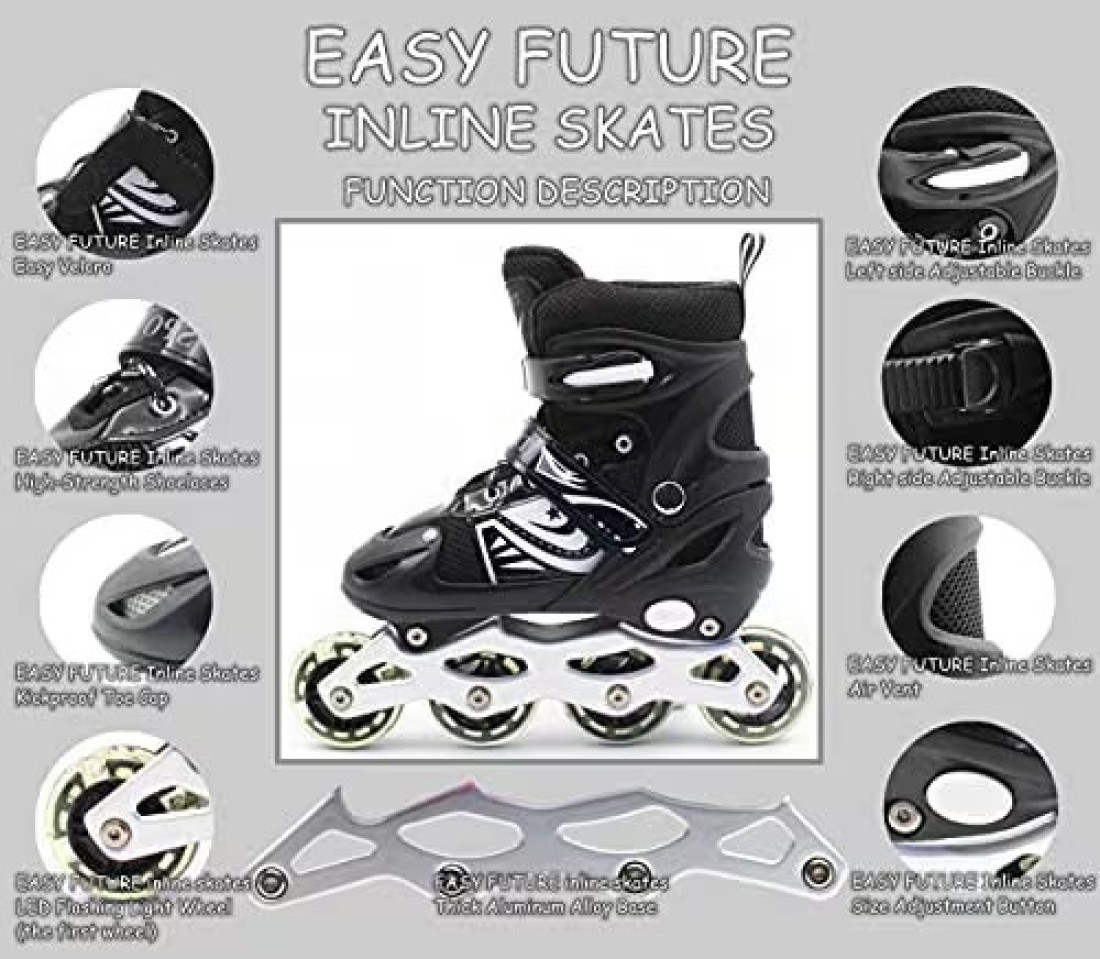 EASY FUTURE Inline Skates Adjustable Size Roller Skates with Flashing Wheels Children Skate Shoes Including Protective Gear Knee Elbow Wrist Black Large (39-42)
