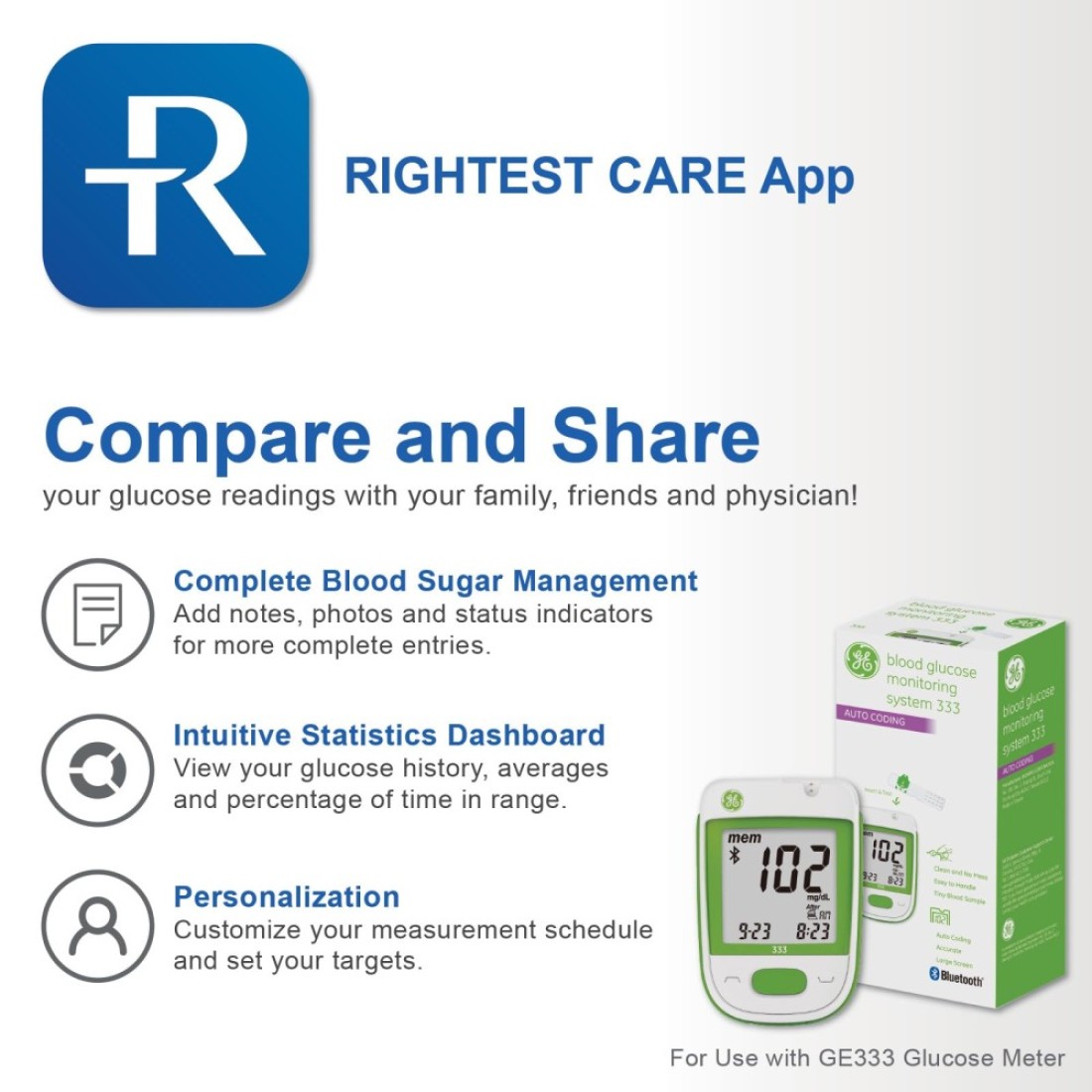 GE333 Blood Glucose Monitoring System Glucometer Auto Coding 5Second Results Bluetooth Rightest Care App Connection EasytoRead Display