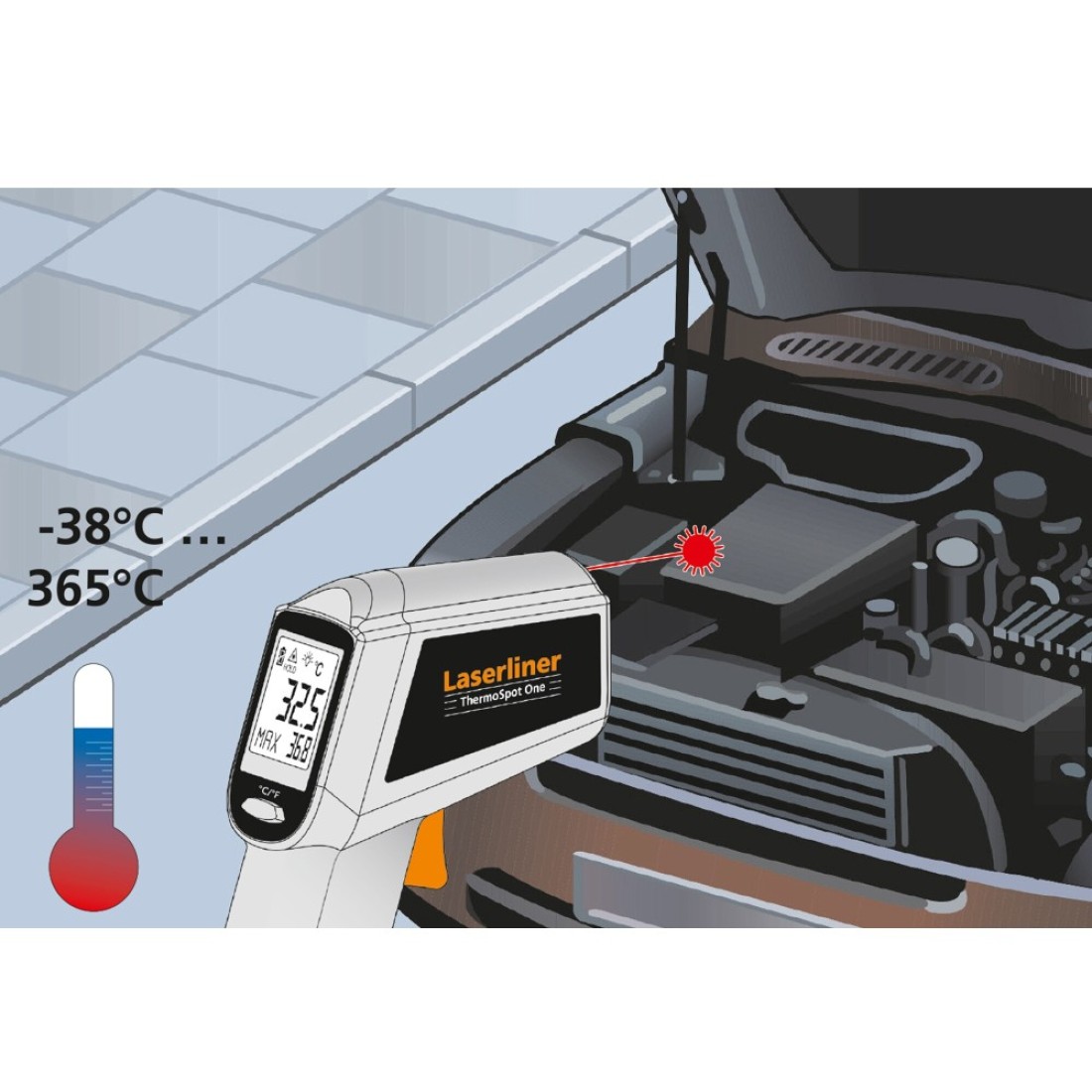 Laserliner Infrared Thermometer -38&deg;C to 365&deg;C Industrial Use, Laser Temperature Gun, Non-contact measuring device, Digital, for Outdoor Surface, Indoor Room HVAC Temp Reader, Auto-Hold Function