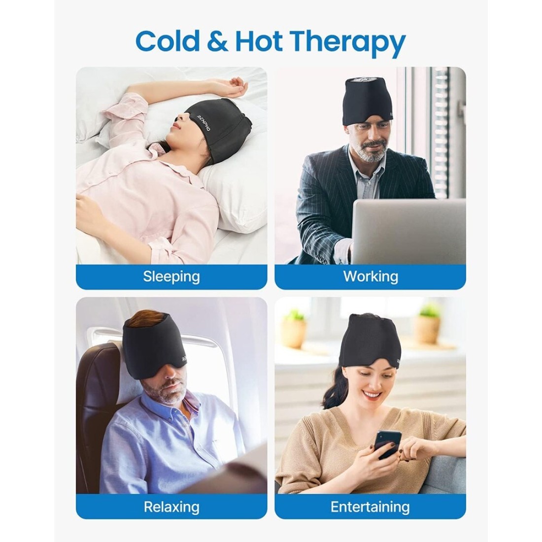 Ice Head Wrap, Renpho Headache Relief Hat for Migraine, Migraine Cap with Hot or Cold Therapy, Ice Pack Heating & Cooling Eye Mask with Gel, Cold/Hot Compress for Puffy Eye, Tension, Sinus, Stress