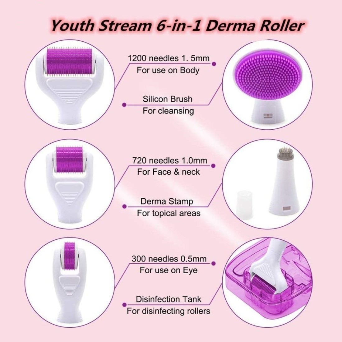 Movov 6 In 1 Derma Roller Kit 540 Titanium Alloymicro Needles Roller 0.25mm / 0.5mm / 1.0mm For Hair Regrowth Face And Body Skin Care Acne Pores Anti Aging Wrinkle Removal