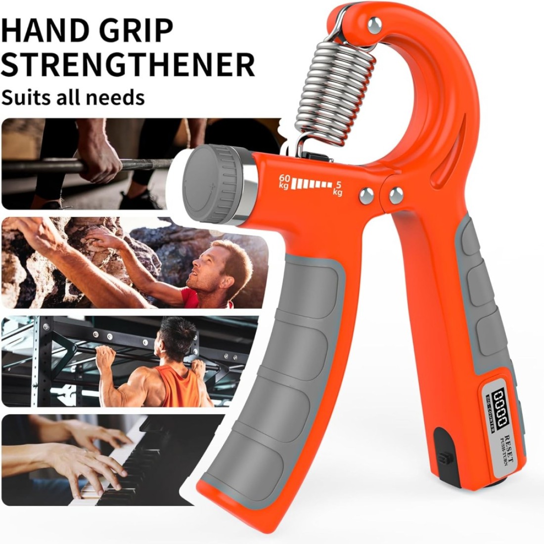 Hand Grips Strengthener with Counter, Adjustable Grip Strength Trainer, Hand Exerciser with Stainless Steel Spring, Non-Slip Gripper, Gripster for Strong Wrists, Fingers, Forearm, Hands, Arm (Orange)