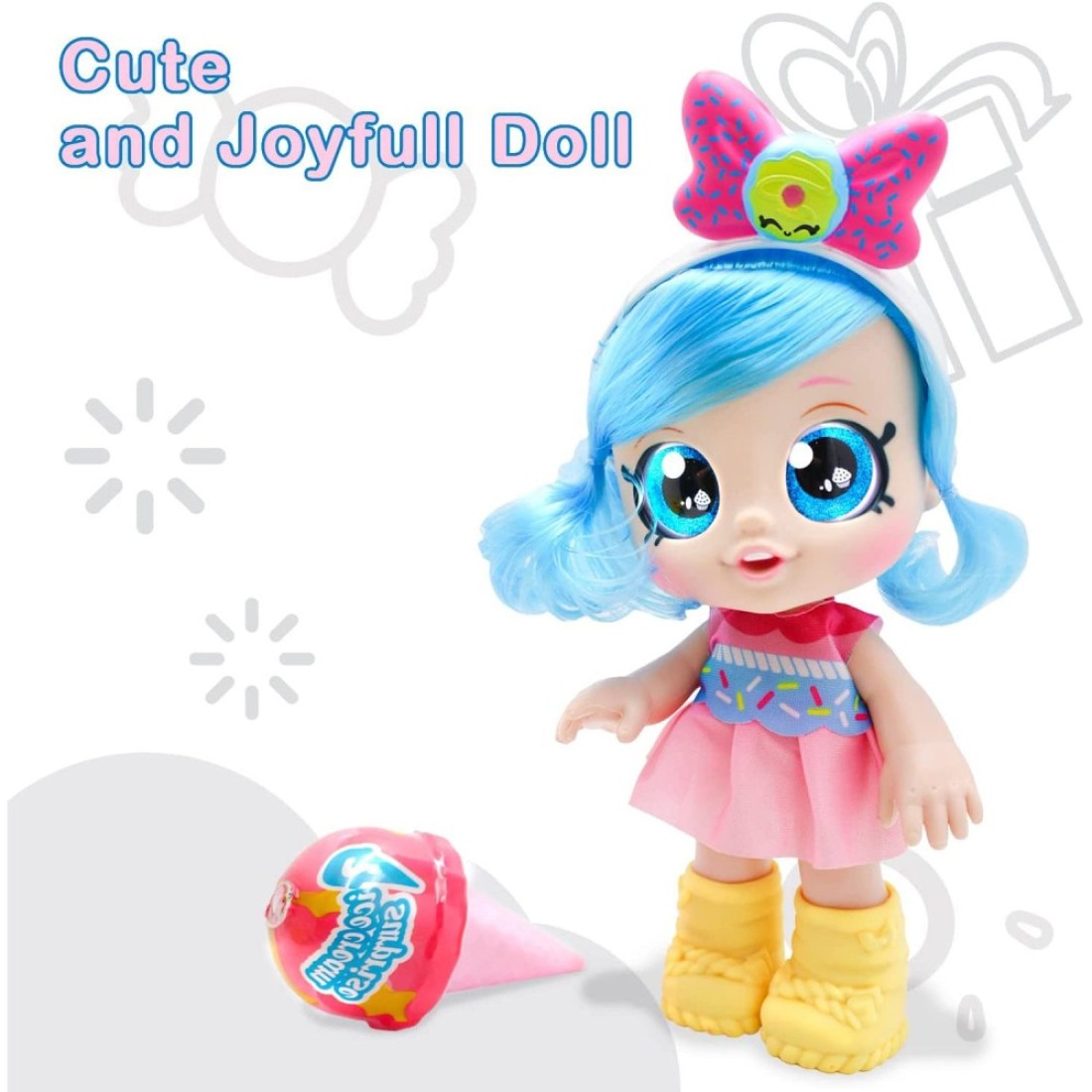 Fitto pretty stylish modern American girl doll with yellow boots, large blue eyes, blue hair with a battery, a singing doll toy with ice cream blind box surprise 12-inch toy for girls
