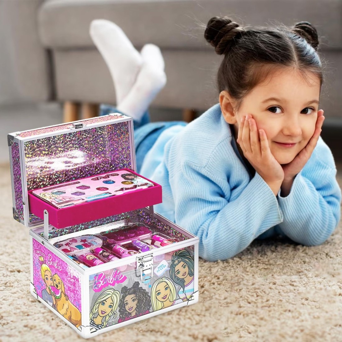 Barbie Movie Kids Makeup Kit for Girls Real Washable Toy Makeup Set Barbie Gift Play Makeup and Pretend Play Toys Ages 3 4 5 6 7 8 9 10 11 12