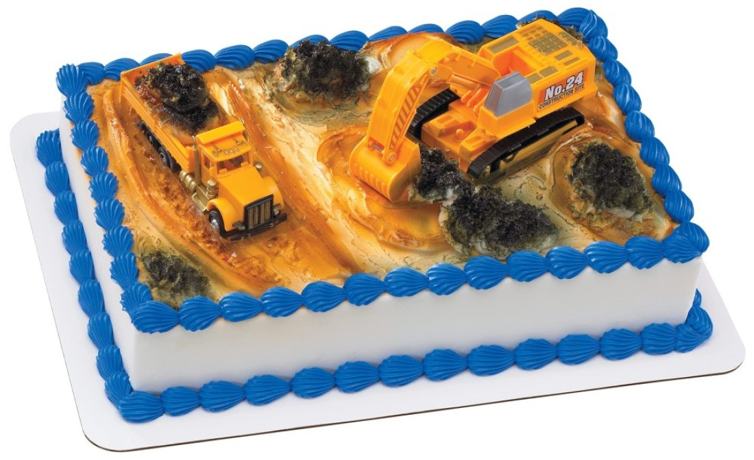 DecoPac Construction Dig Cake Decoration 2 Piece Cake Topper Set with Dump Truck and Moveable Excavator Food Safe Ready to Use For Birthday Themed Parties Celebration Yellow 11826