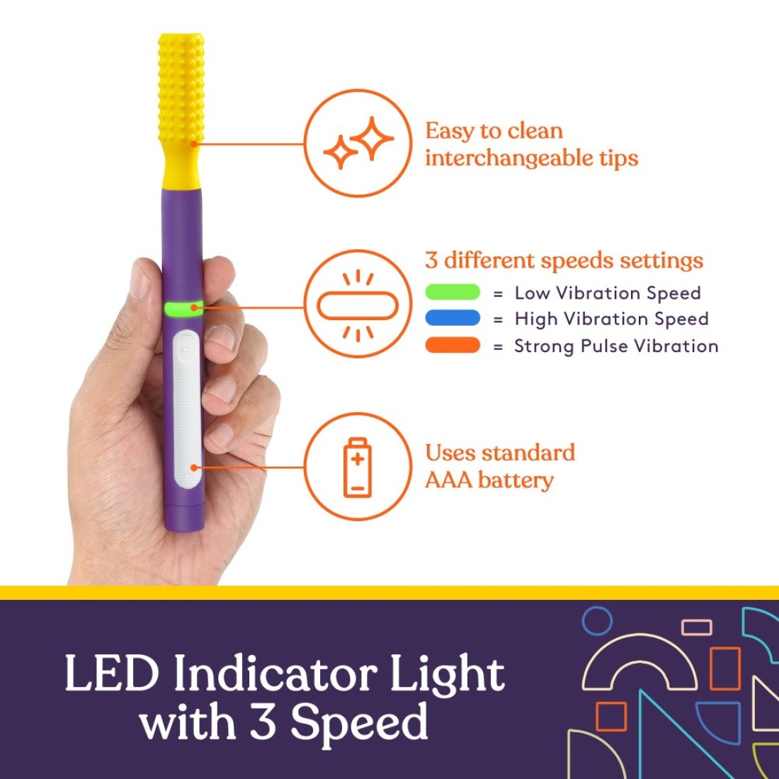 Special Supplies Buzz Buddy Oral Stimulation kit with 6 Soft Textured Interchangeable Heads Calm Sensory Needs Support Speech and Stimulate Self Feeding Gentle Vibrations Purple