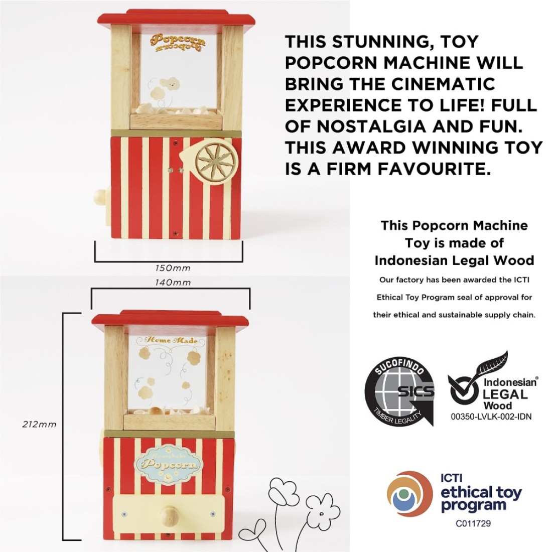 Le Toy Van Wooden Honeybake Retro Popcorn Machine Cinema Kitchen Or Movies Pretend Play Movie Night Role Kids Play Toy