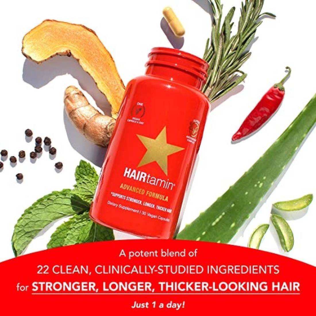Hairtamin Healthy Hair Growth Vitamins - Biotin Hair Growth Supplement - 30 Capsules - Hair Vitamins To Help You Grow Gorgeous, Longer Stronger Looking Hair