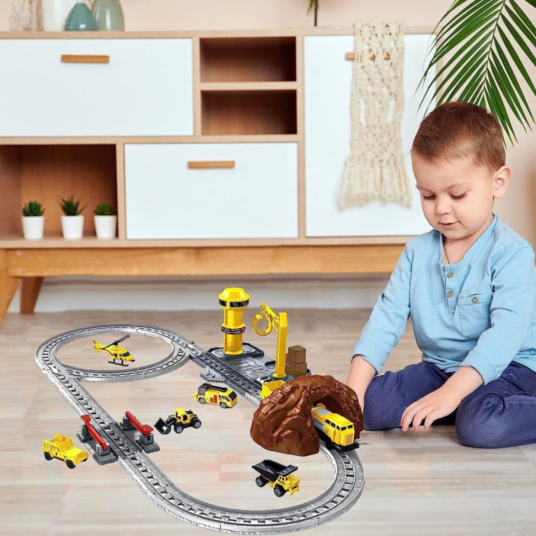 Fitto Train Toy playset for Boys Girls with helicopter and construction vehicle, Trains Tracks, Railway Kits Locomotive Engine, Cargo Car Track, Christmas Gifts for 3 4 5 6 7 8+-year-old Kids