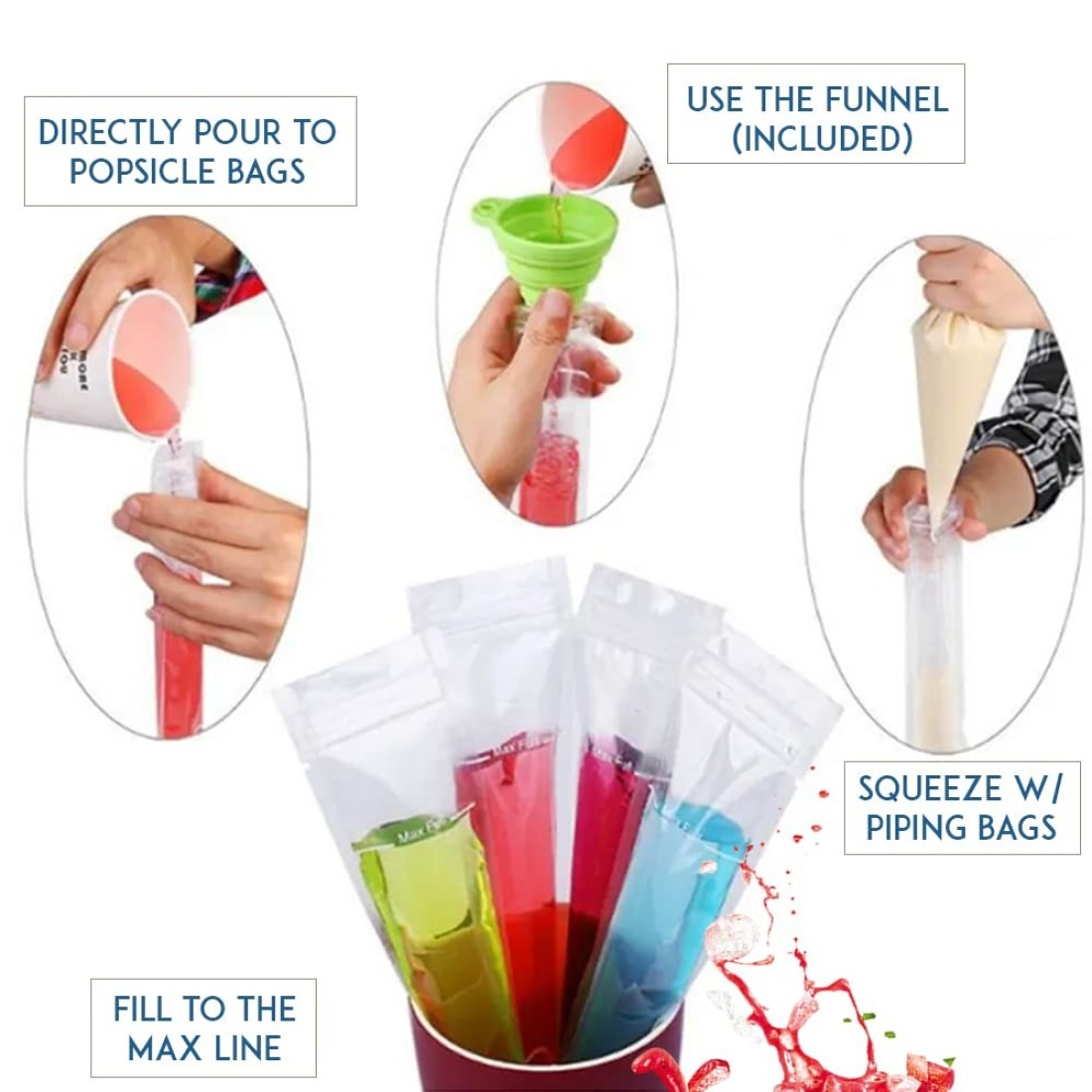 125 Disposable Ice Popsicle Mold Bags with funnel BPA Free Zip lock Freezer Tubes For Healthy Snacks Yogurt Sticks Juice Fruit Smoothies Ice Pops
