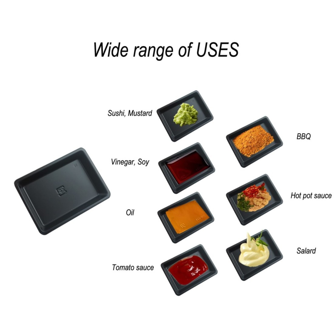 100 pcs Mini 295x216 Dipping Sauce Dishes Plastic Disposable Rectangular Black Soy Sauce Plate Set Condiment Serving tray Seasoning Platter Appetizer Bowel for Sushi Mustard Vinegar Soy BBQ