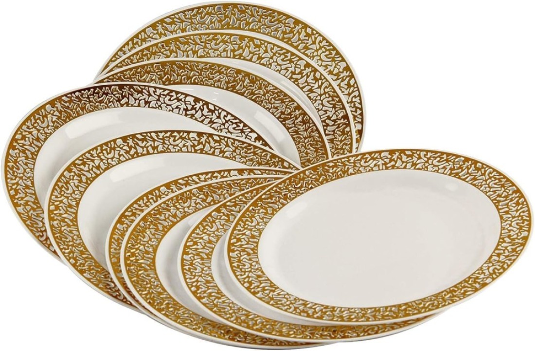 9&quot; Disposable Plastic Plates, White &amp; Gold Color, 35g Weight, Pack of 120 Plates