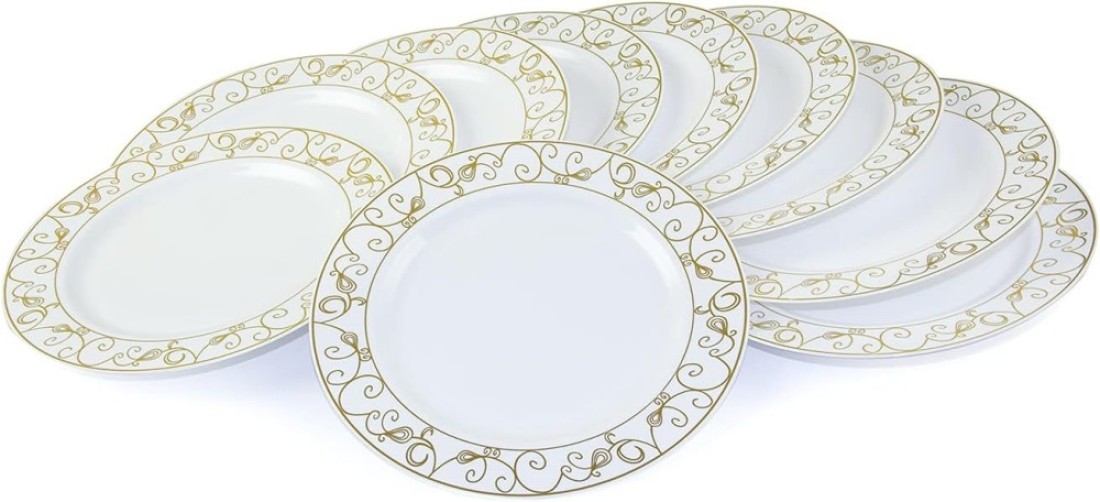 7.5&#39;&#39; White &amp; Gold Disposable Plastic Plates &ndash; 24g, Sturdy &amp; Elegant &ndash; Pack of 120 plates