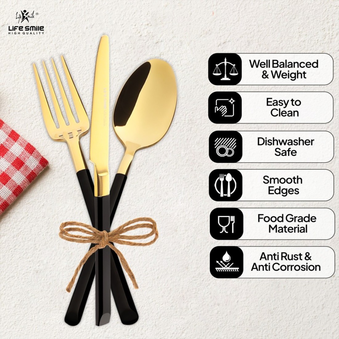 LIFE SMILE Cutlery Set, 18/10 Pure Stainless Steel Flatware Set with Stand, Rust Proof &amp; Fade Proof Dinnerware Set (SHINY GOLD HEAD &amp; SHINY BLACK HANDLE, 38 Pieces)