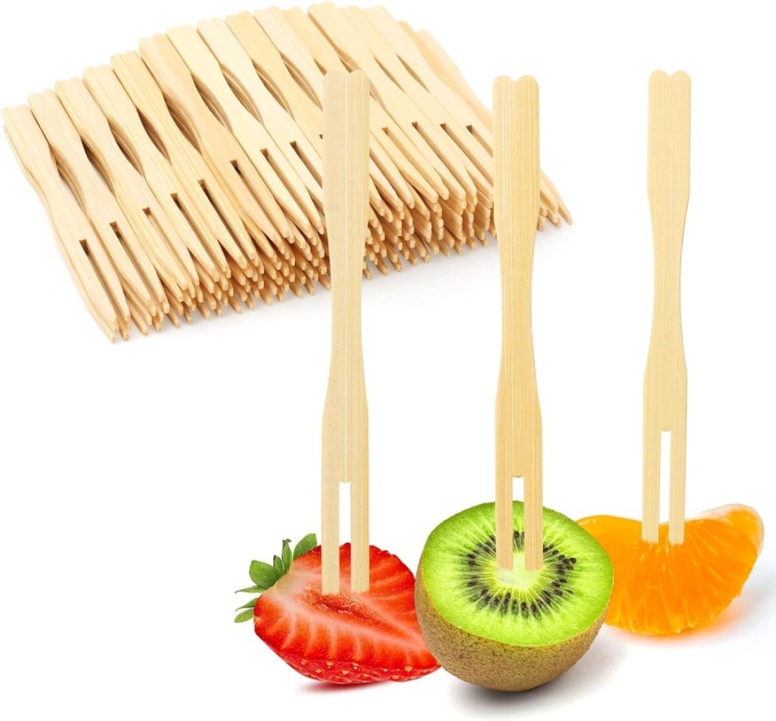 LAVISH Wooden Fruit Forks, Bamboo Fruit Fork, Two Prongs Fruit Forks Disposable Cocktail Food Picks Blunt-end Forks