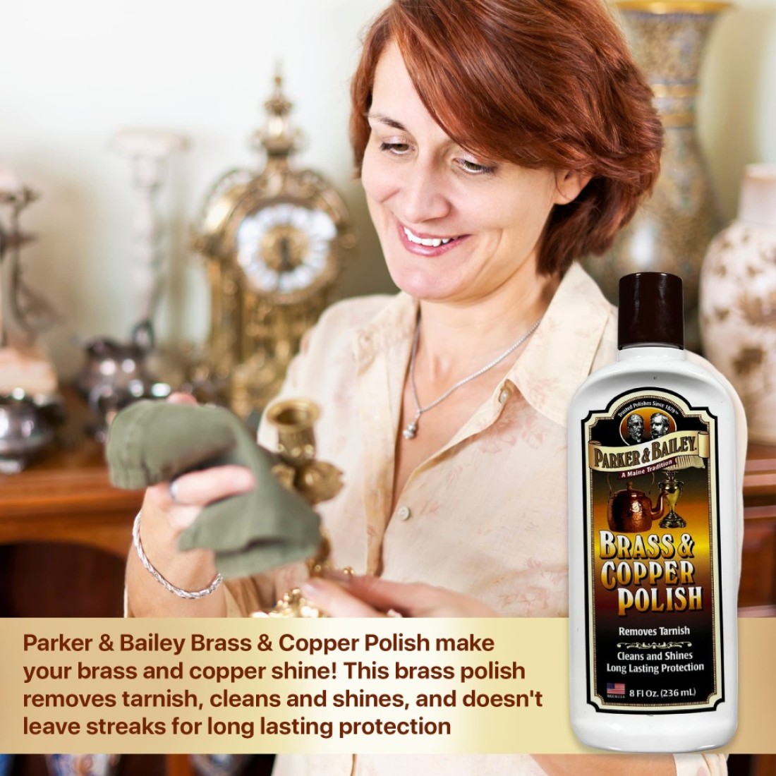 PARKER BAILEY Brass and Copper Polish Brass Polish Cleaner Copper Cleaner and Polish Tarnish Remover Metal Polish Cream for Polishing Antique Decor Pans Furniture 8 Oz Bottle