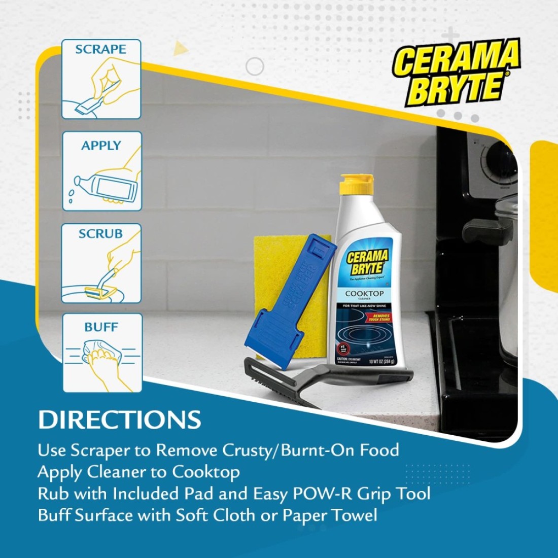 Cerama Bryte Combo Kit POWR Grip Scraper Pad Removes Tough Stains Cooktop and Stove Top Cleaner for Glass Ceramic Surfaces 10 Ounces 4 Piece