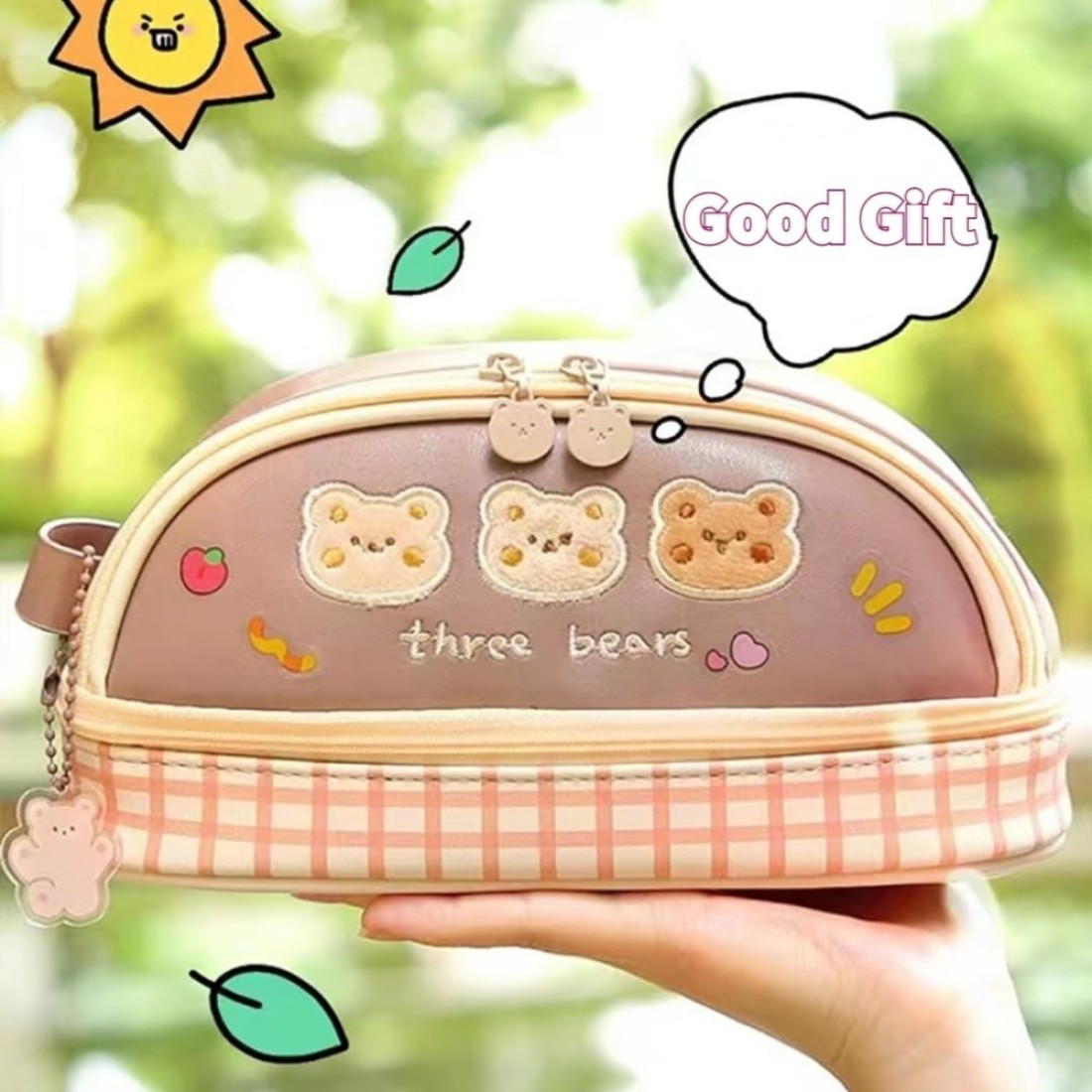 ORTROLA Double Layer Stationery Organizer Box Cute Bear Big Size Pencil Case with Compartment Office Supply Organizer Stationery Box Best Birthday Present Brown Bear