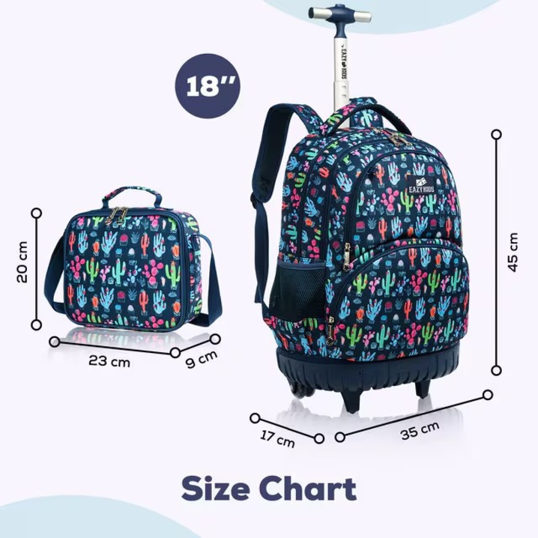 Eazy Kids - 18&quot; Set of 3 Trolley School Bag Lunch Bag &amp; Pencil Case Cacti - Blue
