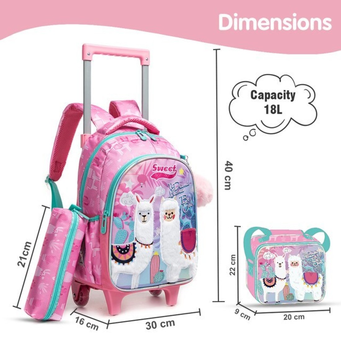 Eazy Kids 16&quot; Set of 3 Trolley School Bag with Lunch Bag and Pencil Case Lama - Pink