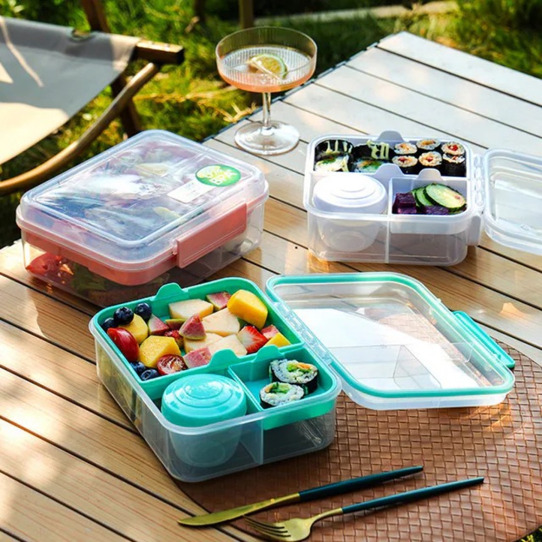 HYDROBREW 3/4/5 Compartment Convertible 1250ml Bento Lunch Box with 150ml Gravy Bowl - Green
