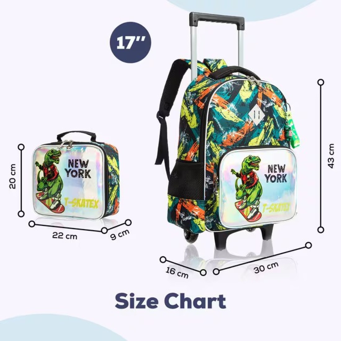 Eazy Kids - 16&quot; Set of 3 Trolley School Bag Lunch Bag &amp; Pencil Case New York Dinosaur - Green
