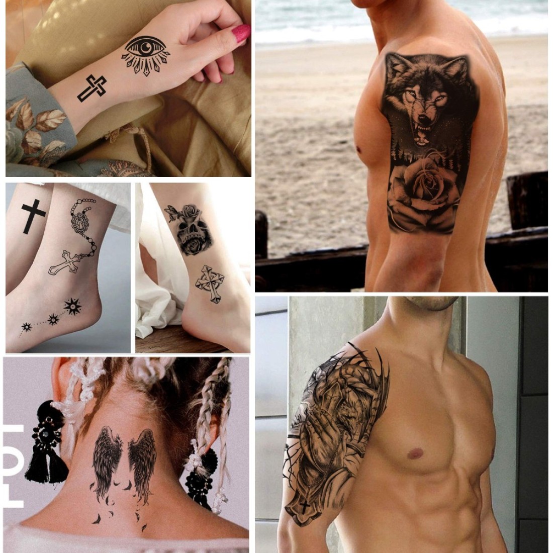 Yazhiji 36 Sheets Temporary Tattoos Stickers 12 Sheets Fake Body Arm Chest Shoulder Tattoos for Men or Women with 24 Sheets Tiny Black