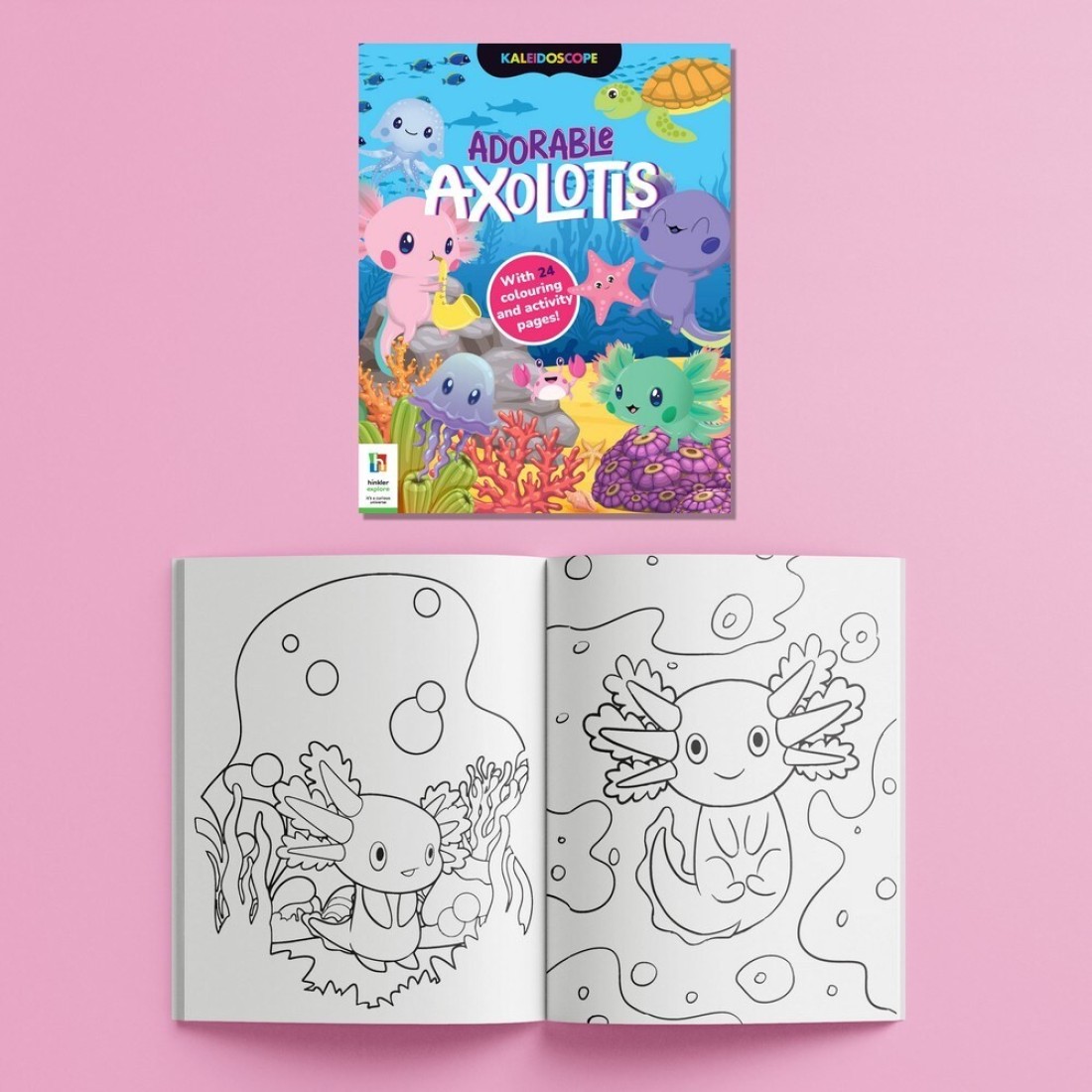 Hinkler Axolotls &amp; Friends Creative Colouring Kit includes 2x24-page Colouring Book, 30+ Holographic Stickers, 30+ Standard Stickers,