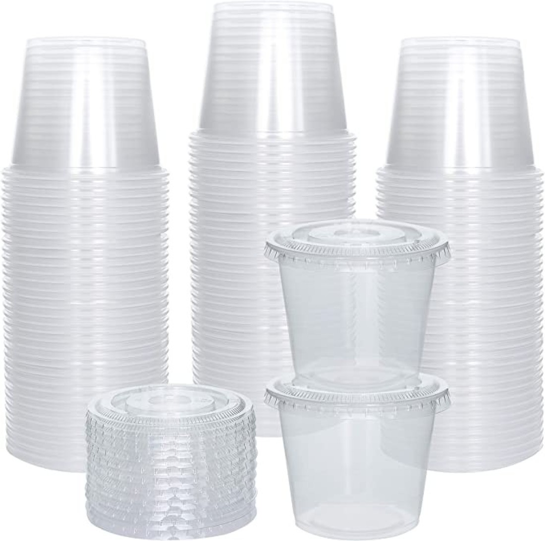 Yesocea [100 Pack] 5.5 Oz. Clear Plastic Disposable Portion Cups With Lids Sampling Cups, Portion Control Cups, Slime Container