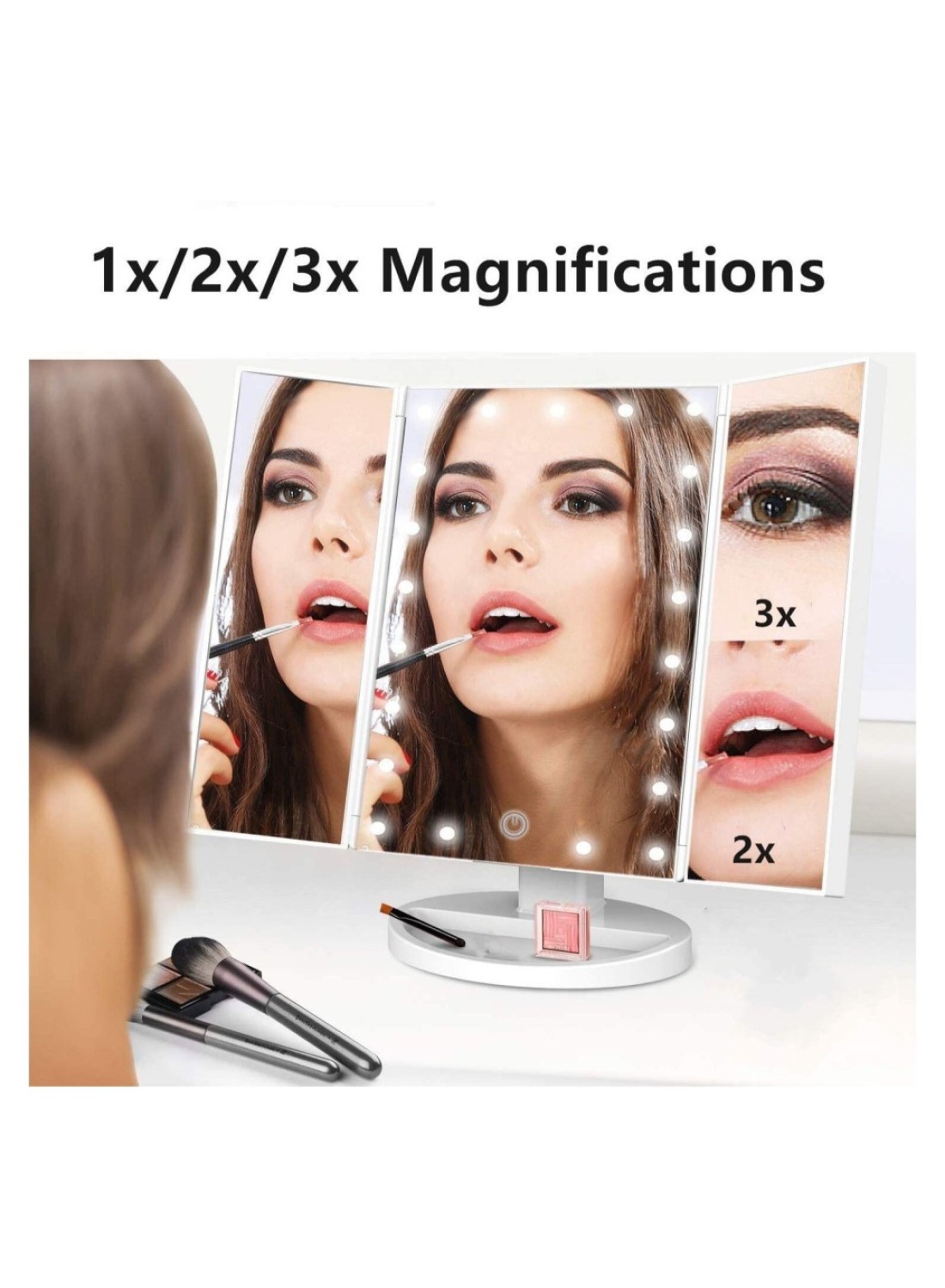 Makeup Mirror Vanity Mirror with Lights, 1x 2X 3X Magnification, Trifold Lighted Makeup Mirror, Touch Control, Dual Power Supply, Portable LED Makeup Mirror
