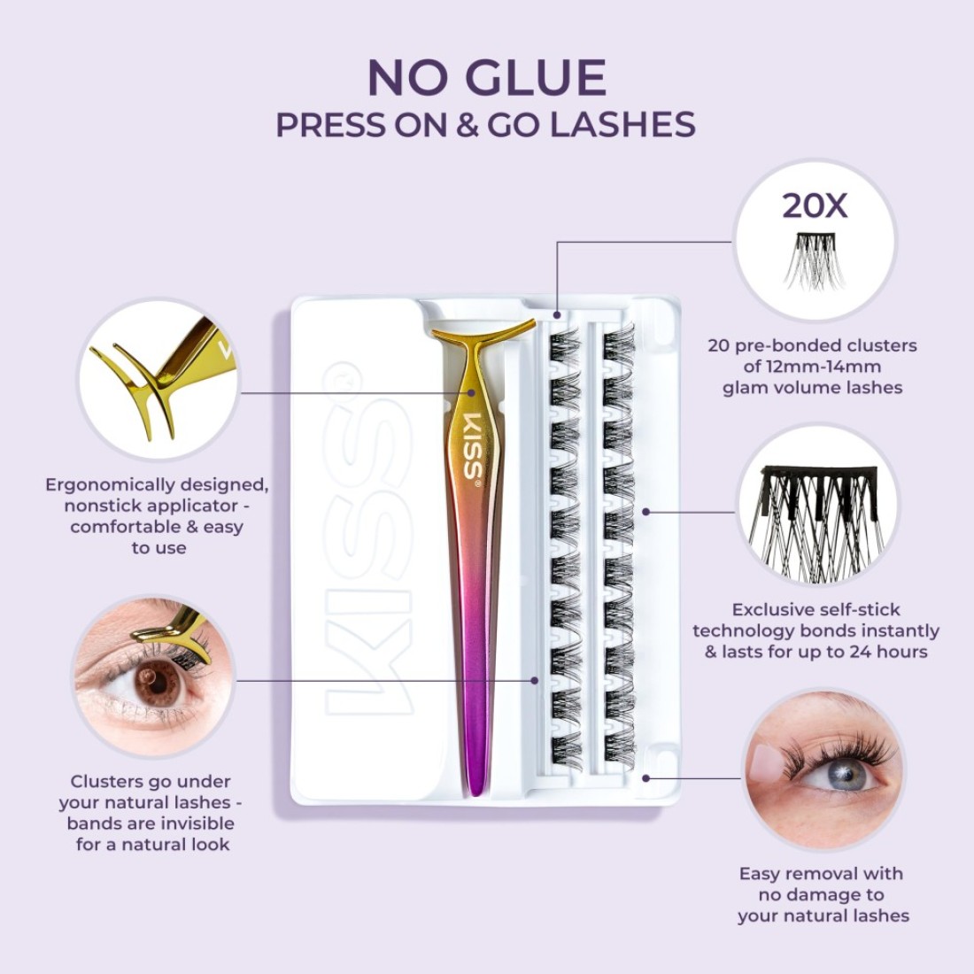 KISS imPRESS Falsies False Eyelashes Lash Clusters Voluminous 14 mm Includes 20 Clusters 1 applicator Contact Lens Friendly Easy to Apply Reusable Strip Lashes