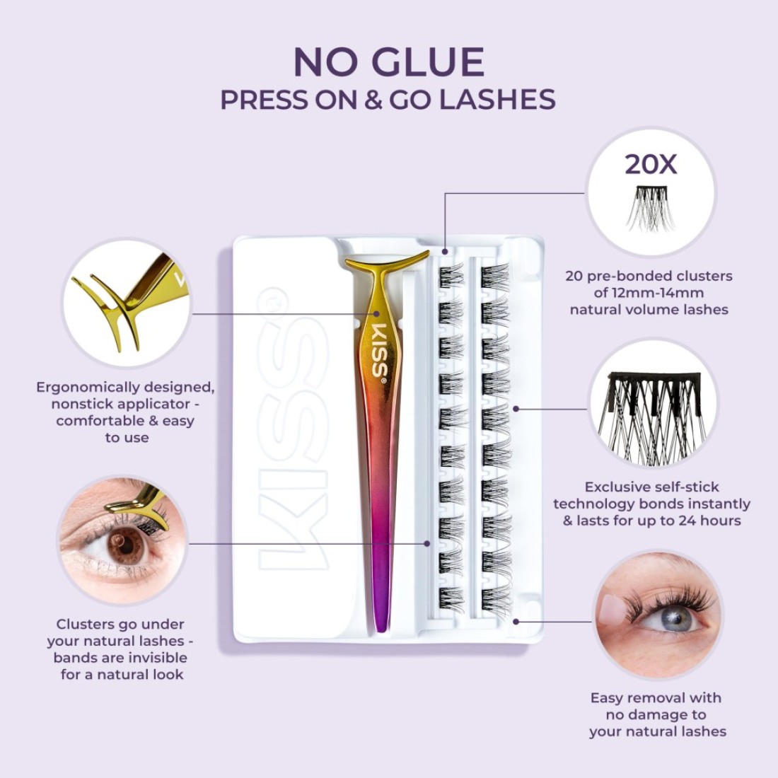 KISS imPRESS Falsies False Eyelashes Lash Clusters Natural 12 mm Includes 20 Clusters 1 applicator Contact Lens Friendly Easy to Apply Reusable Strip Lashes