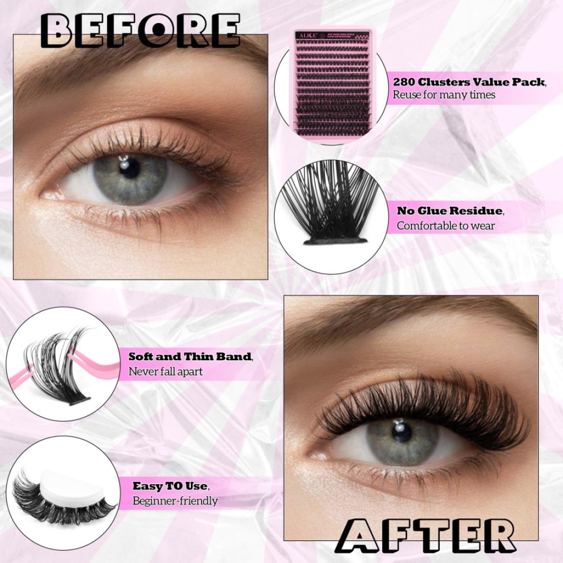 DIY Eyelash Extension Kit D Curl Fluffy Wispy Lash Clusters Individual Lashes Lash Extension Kit with Lash Bond and Seal Applicator Tool for Self Application at Home 80P280PcsMix1016mm007D
