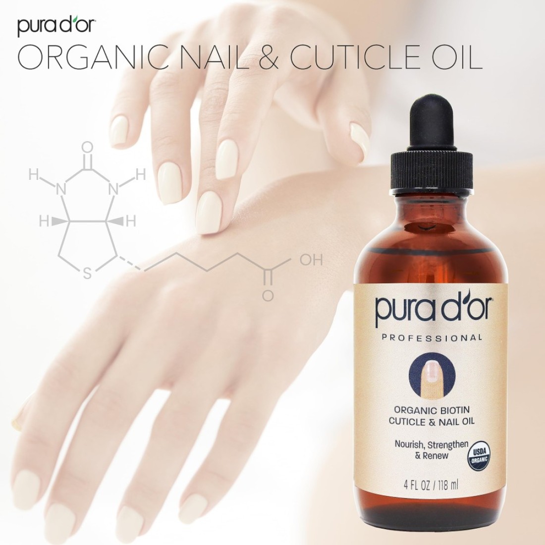 PURA DOROrganic Nail Cuticle Oil 4oz Enriched with Biotin Vitamin E Natural Ingredients Nourishing Treatment for Nail Growth Healthy Beds
