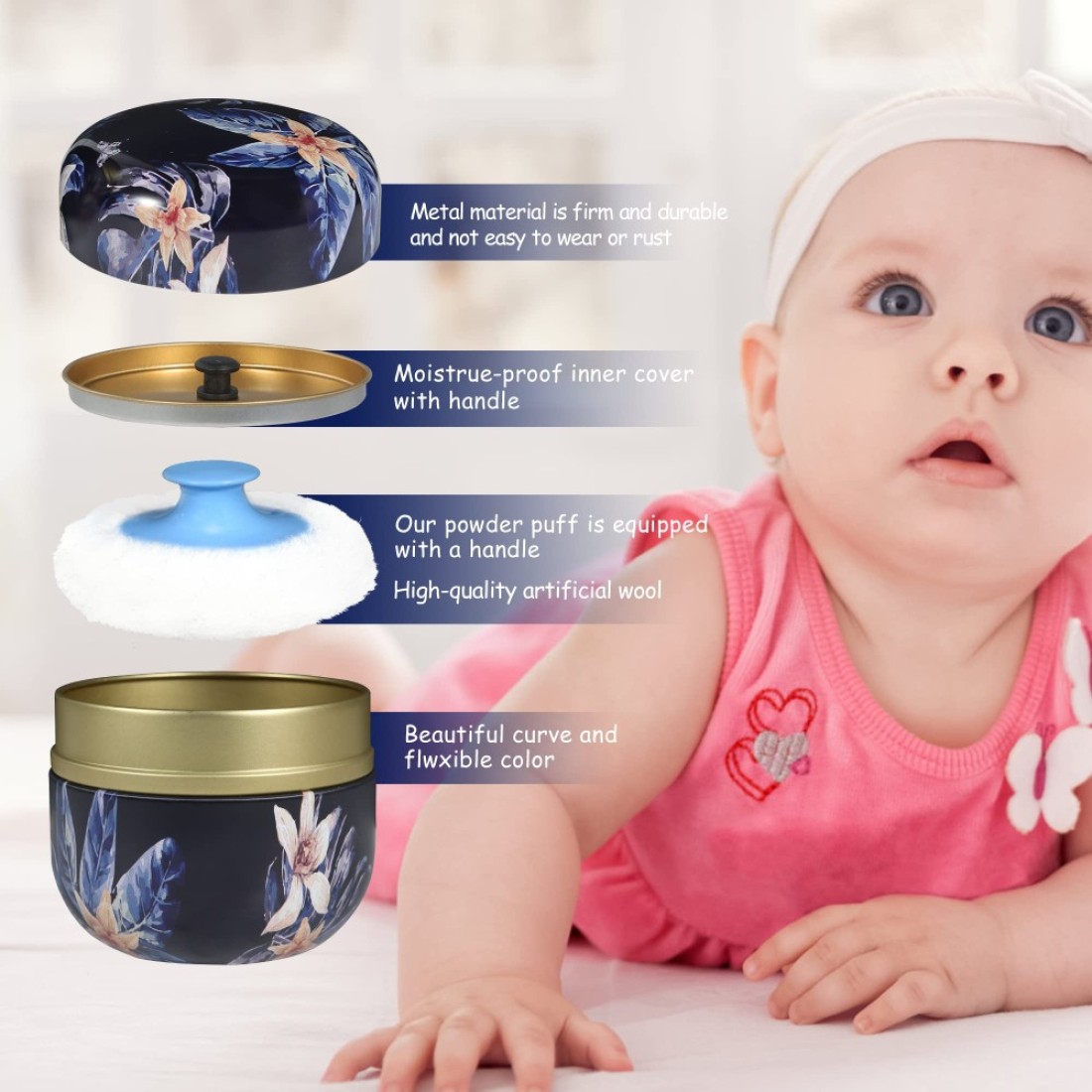 WEMEGA Body Powder Case with Powder Puff Powder Container Tea Box for Baby and Women Powder Puff and Powder Case for Travel Midnight Flower