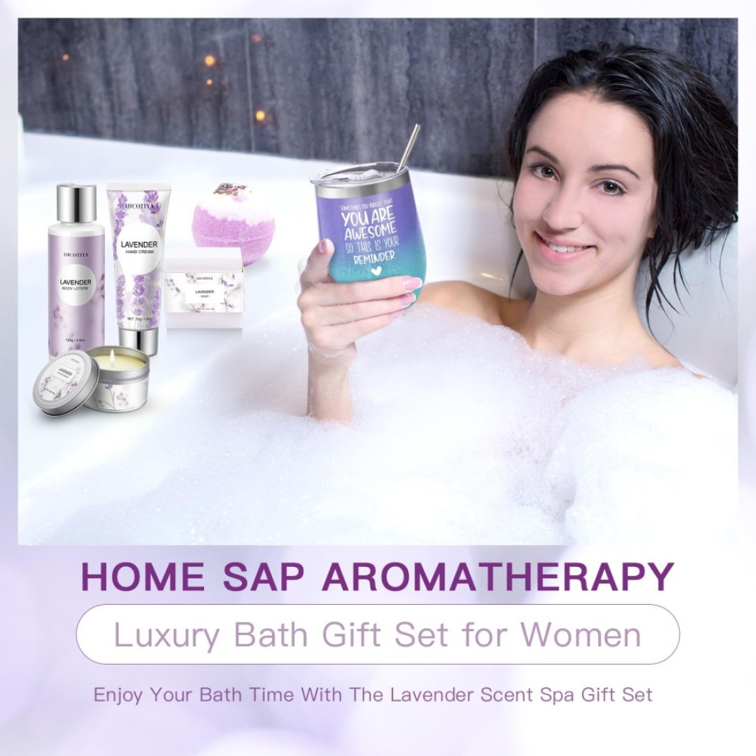 Gifts for Women Birthday Gifts for Women Spa Gifts Baskets for Women Bubble Bath and Body Gifts Set for Women Lavender Gifts for Mom Her Female Sister Mother Teacher Wine Tumbler Purple Gifts