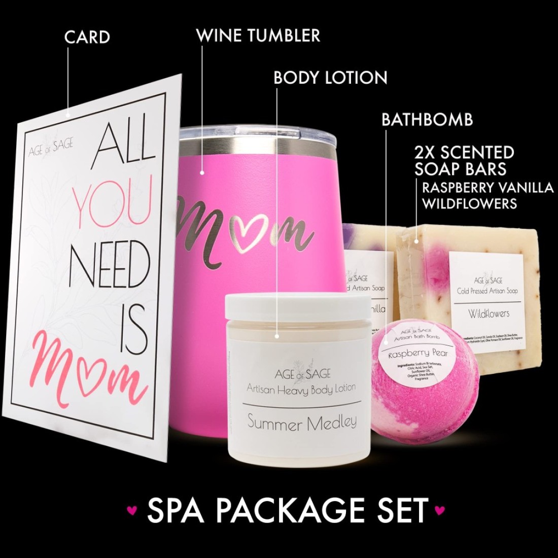 Spa Gift Box for Women Self Care Spa Gift Set Mom Spa Gift Basket Ideal Gift for Mothers Day Spa Kit with Artisan Soaps Lotion Bath Bomb Tumbler and Mom Greeting Card by Age of Sage