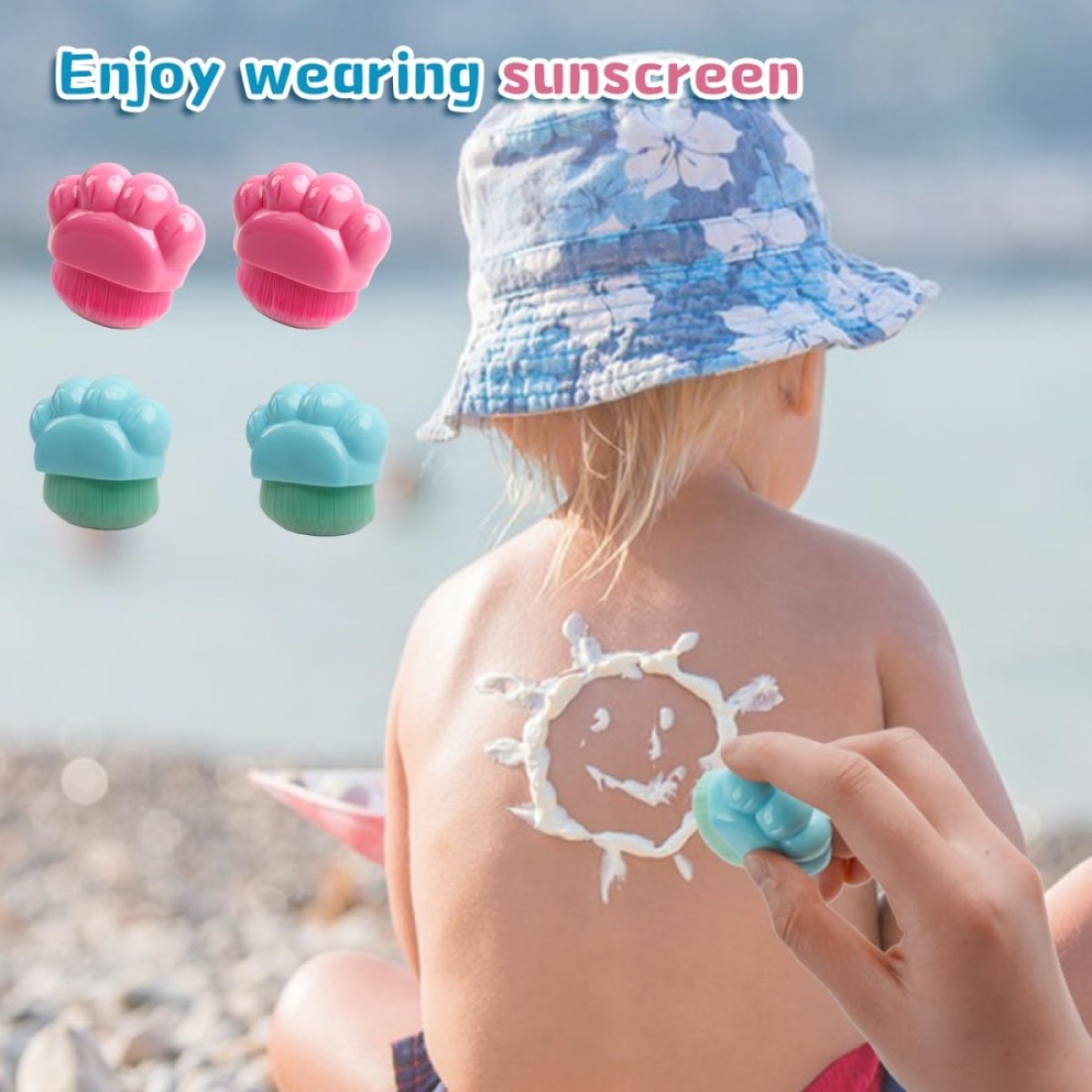 4Pcs Sunscreen Applicator for Kids, Sunblock Buddy Brush Applicator with Protective Case, Sun Lotion Applicator Sun Cream Brush Set for Outdoor Travel(Blue+Rose)