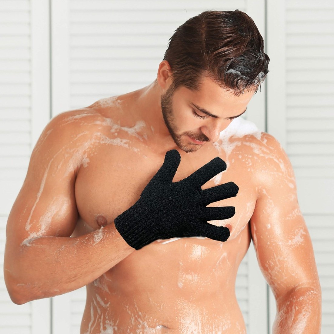 Bath Exfoliating Gloves Scrub 4 Pcs Lengthened and Large Exfoliating Scrubbing Gloves for Shower Spa Massage Scrub Exfoliating Mitts for Body Face Hand and Foot Black and Gray
