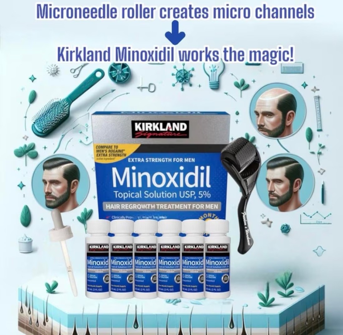 6 Pack Kirkland Minoxidil for Men Hair Regrowth Treatment Liquid Extra Strength 5 Topical Solution 6 Months Supply Dropper Applicator and Microneedle Roller Included Minoxidil Kirkland