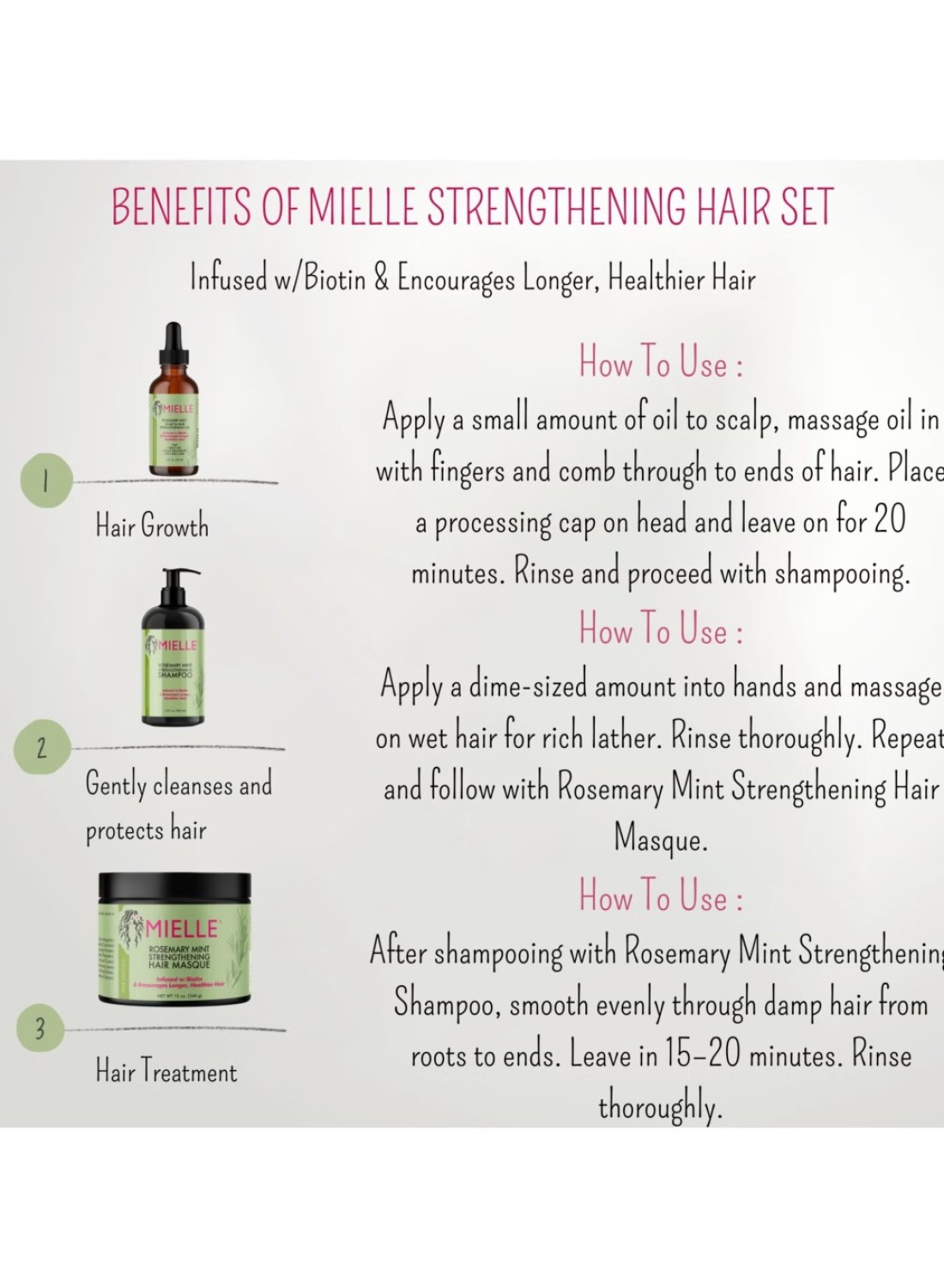 Mielle Organics Rosemary Mint Strengthening Full Set 5 - Rosemary Hair Oil, Shampoo, Hair Mask, Derma Ruller And Scrubber - For Hair Growth, Protection &amp; Treatment - Infused With Biotin 754ml