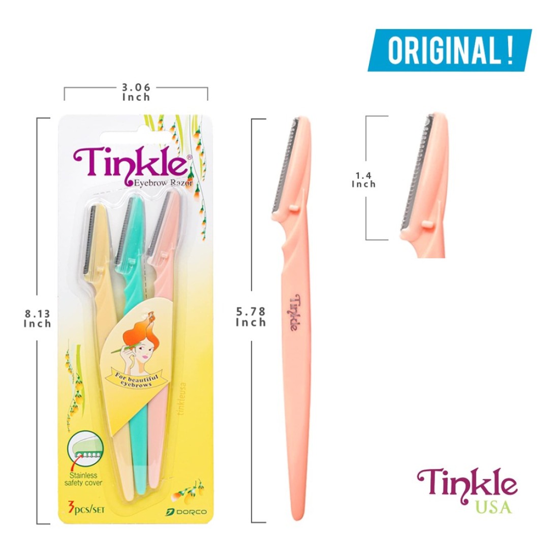 Dorco Tinkle Eyebrow Razor 3 Pack Hair Trimmer Dermaplane Tool Facial Razor with Safety Cover for Fine Hair Removal Perfect Beauty Gift Gift Set Spa Day