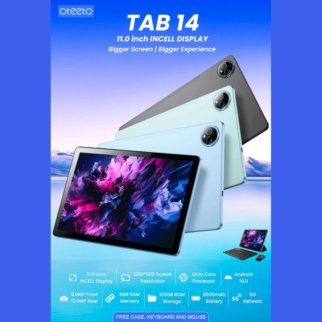 تابلت Oteeto TAB 14/11 بوصة/8 ميجابكسل أمامي + كاميرا خلفية 13 ميجابكسل/ذاكرة وصول عشوائي 8 جيجابايت + ذاكرة قراءة فقط 512 جيجابايت/بطارية 8000 مللي أمبير/ساعة/واي فاي 5G/لوحة مفاتيح/غطاء قابل للطي