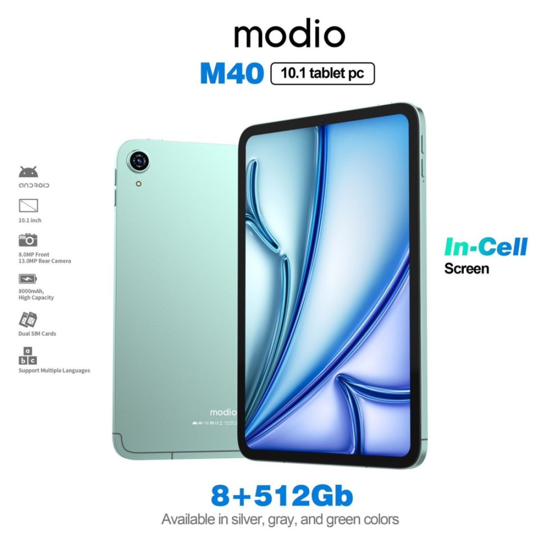Modio M40 10.1inch Tablet Pc, 8GB RAM+512GB ROM, Real Incell Screen Display, Keyboard+Mouse Pad, Leather Case (Green)