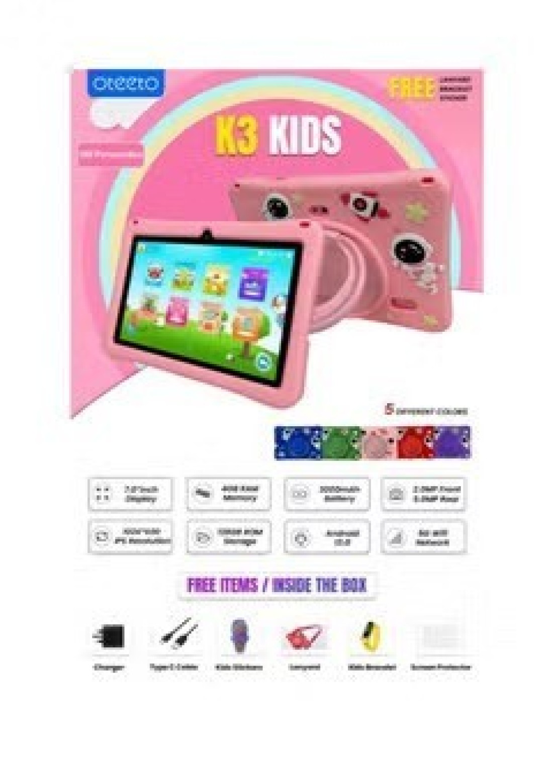 Oteeto K3 Tablet 7&quot; inch Screen Octa Core Processor 128gb 4gb RAM 3000mAh Battery Wi-Fi Includes Lanyard, Kids Bracelet , Case, (Red)