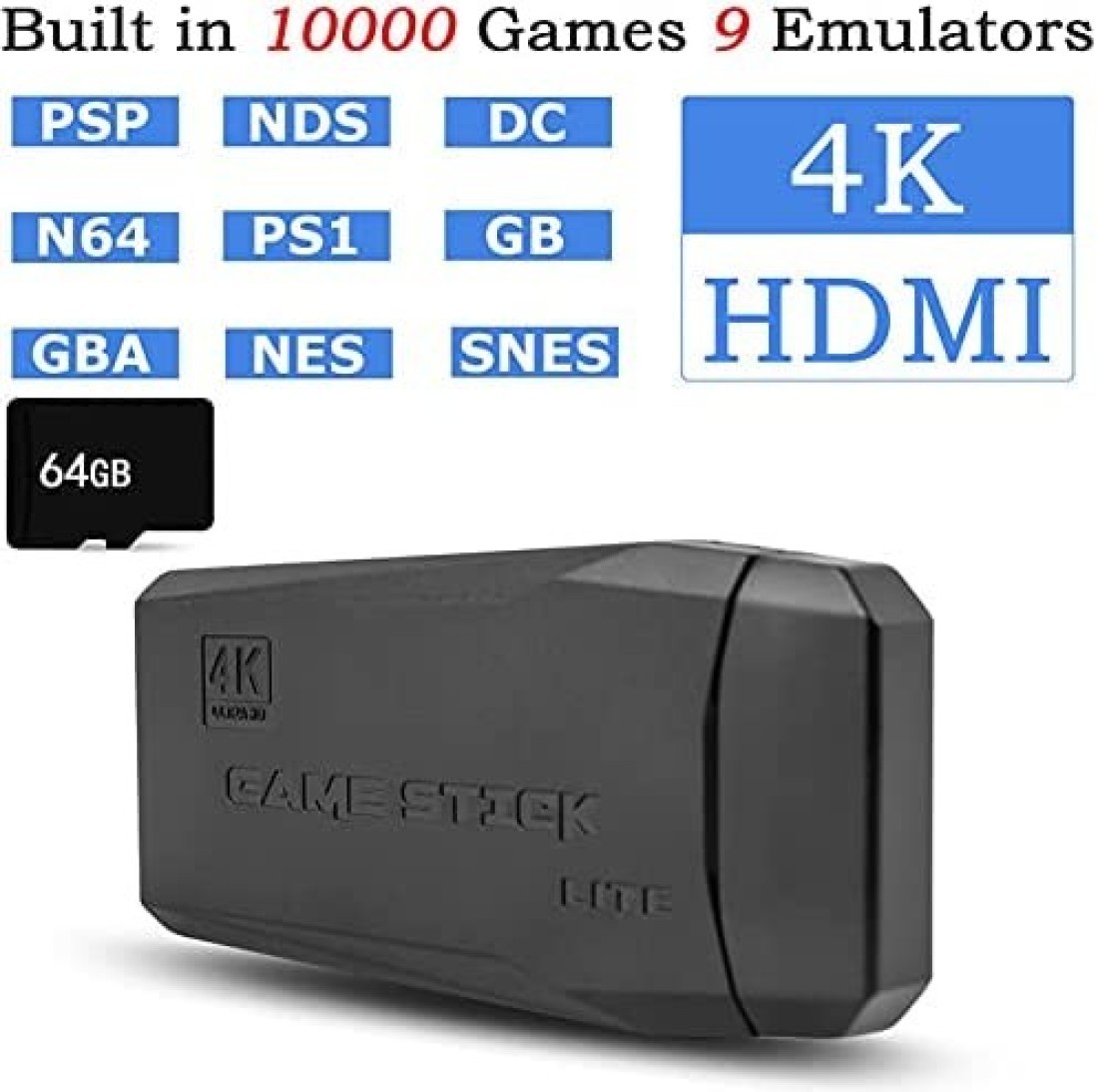 2.4G Wireless Controller Gamepad Console Stick Plug and Play Video Game Stick with 10000+ Games 9 Classic Emulators 4K High Definition HDMI Output for TV with Dual 2.4G Wireless Controllers