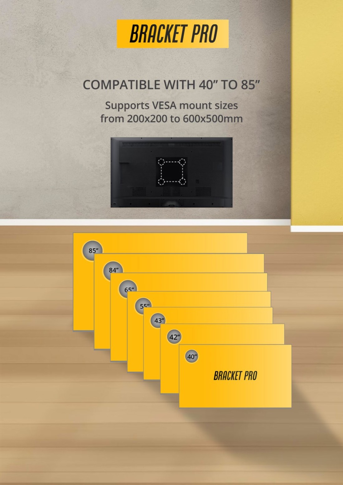 Bracket Pro Fixed TV Wall Mount for 40-85 Inch Screens &ndash; Heavy-Duty Steel, Ultra Slim &amp; Space-Saving &ndash; Supports VESA 200x200 to 600x500 &ndash; Holds up to 143lbs (65kg) &ndash; Easy Installation - BPF4085