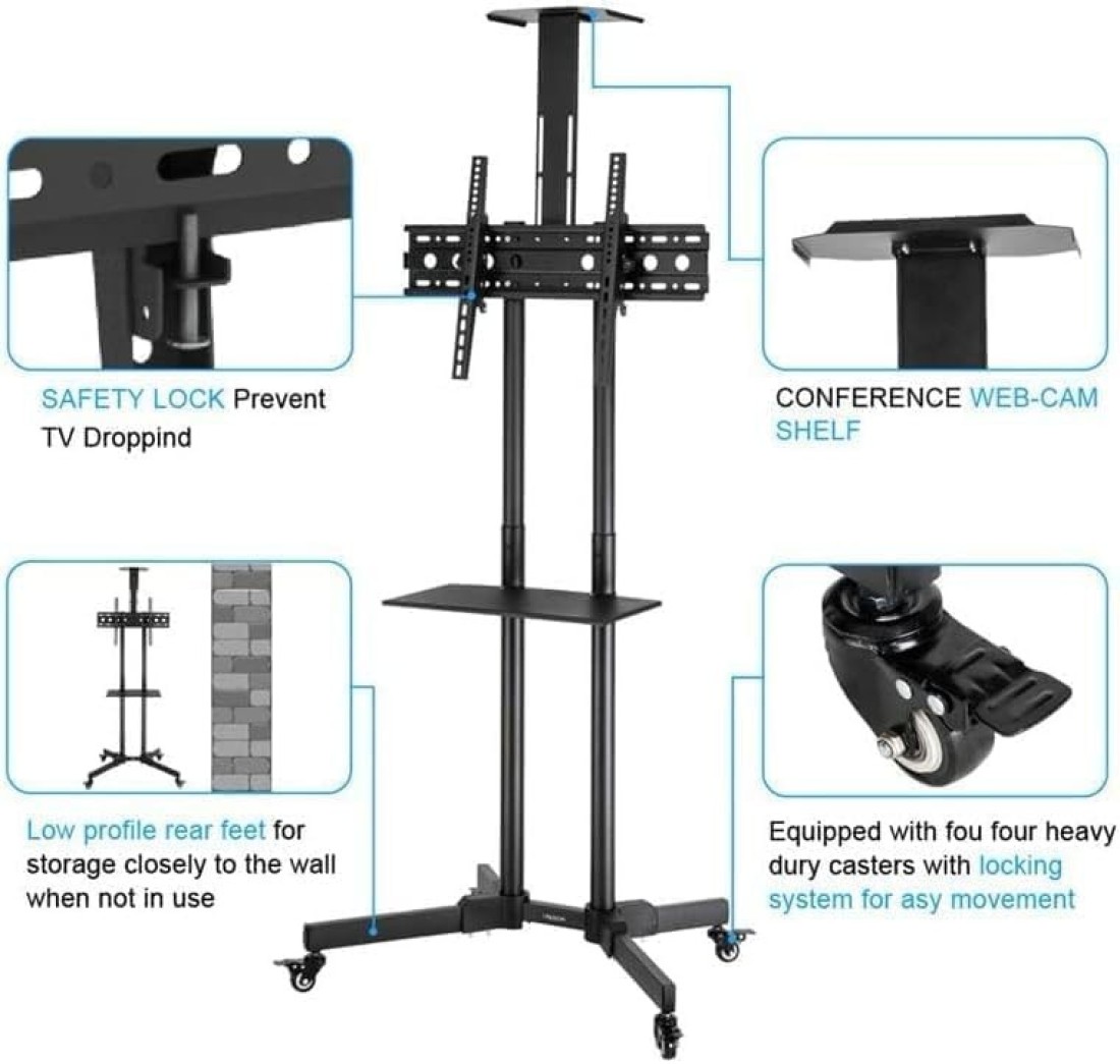 Homey Tech IBX-1500 Mobile/Rolling TV Cart &acirc;&euro;&ldquo; Tilt +15&Acirc;&deg; to -15&Acirc;&deg;, Lockable Wheels, Fits 32-65 Inch TVs (Max 50kg, VESA 600x400mm), Includes Camera Rack